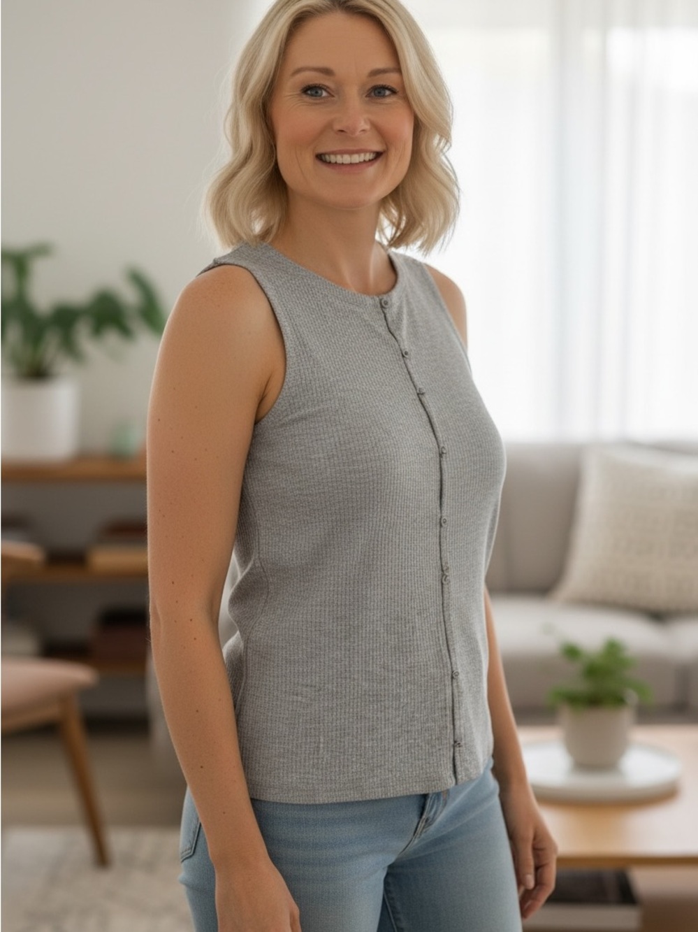 Gilli Light Gray Ribbed Button-Front Tank